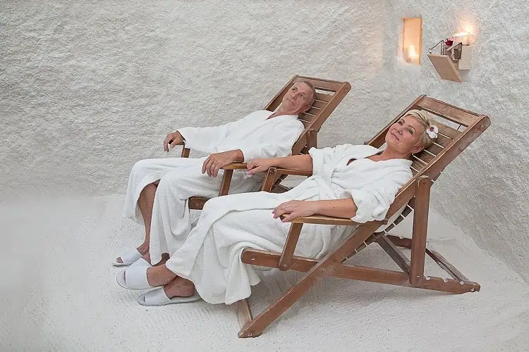 A senior couple relaxes in the salt chamber at the Värska spa treatment centre.