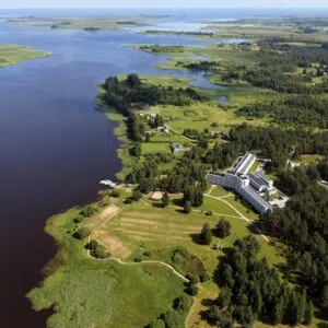 Värska resort - the sanatorium and the bay as seen from an aeroplane.